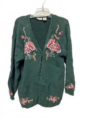 Capacity Floral Embroidered Ramie Cotton Cardigan Green L